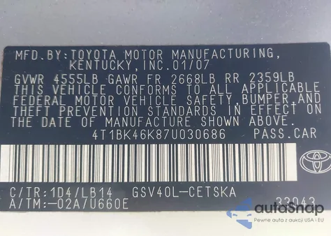 2007 Toyota Camry Se V6 from USA, damaged, VIN 4T1BK46K87U030686